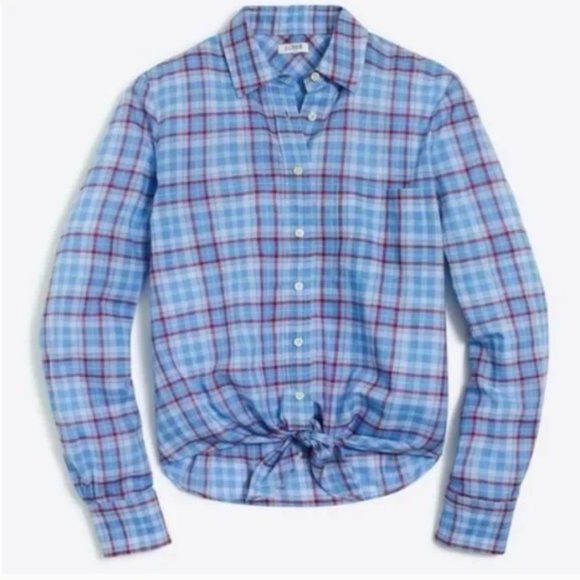 NWT J. Crew blue cotton plaid tie front button up shirt XS - Picture 1 of 11